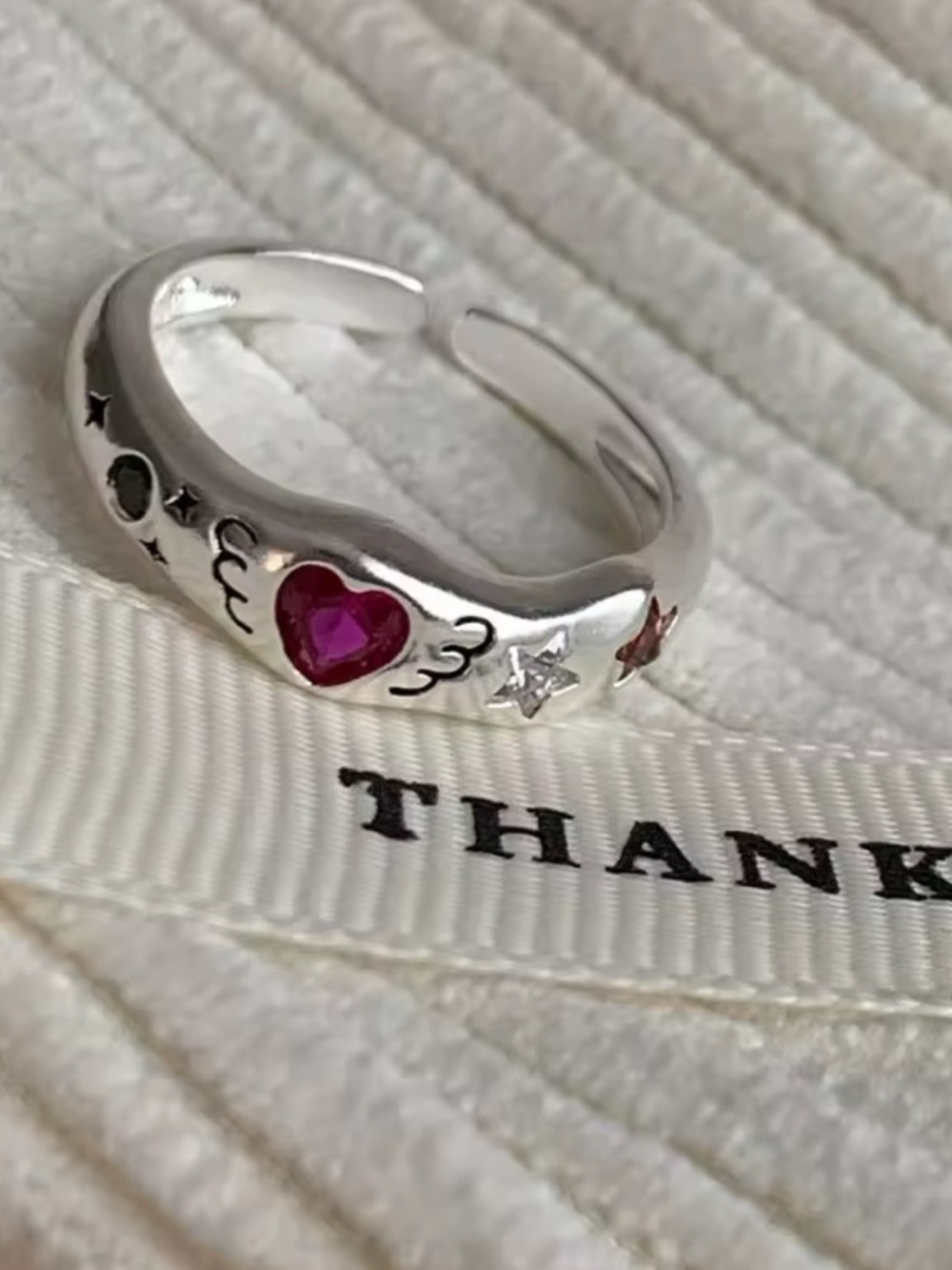 925 Sterling Silver Heart Wing Adjustable Ring with Pink Crystal Accent - Picture 4 of 4
